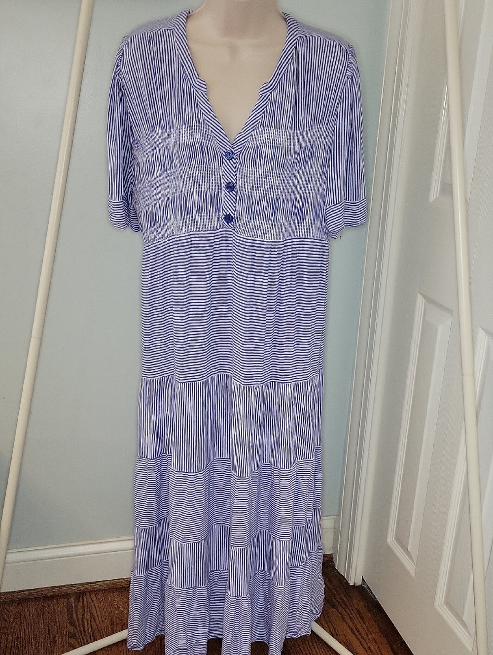 Cactus + Pearl Blue Stripe Maxi Dress with Smocked Bodice Size Large